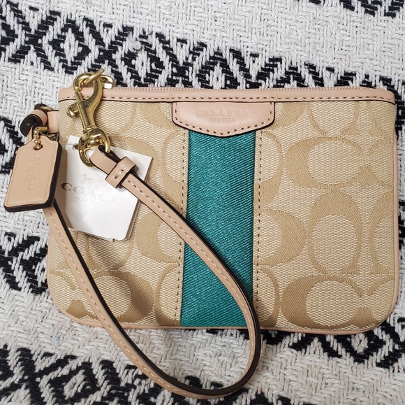 Coach Handbags - Coach NWT Coach Logo Tan & Teal Wristlet.